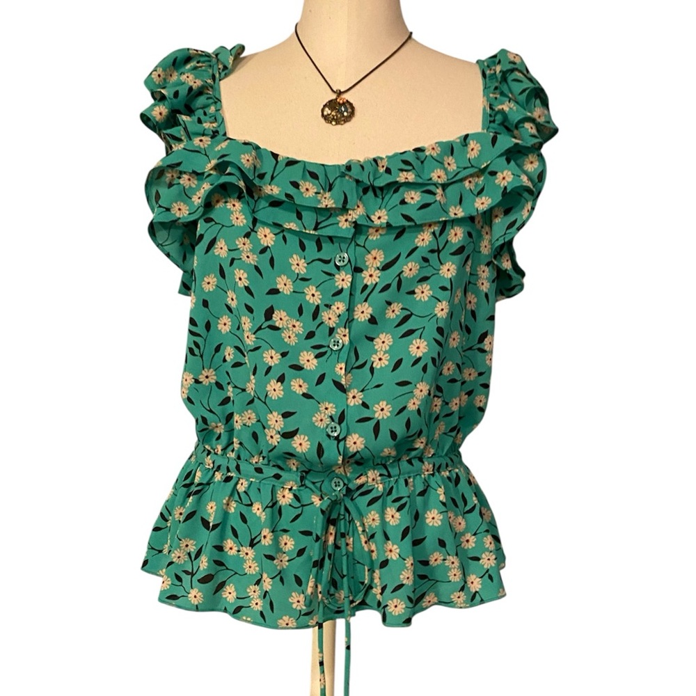 CABI FESTIVAL PEPLUM TANK JULEP PRINT FLORAL COASTAL COWGIRL RUFFLE STRAPS SMALL